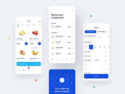 Click & Collect - Reinventing Online Grocery Shopping Experience application blue calendar ecommerce emoji food list map mobile navigation order recipe store tracking
