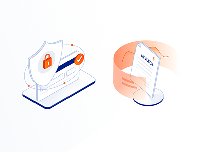 Agora Place - Isometric Illustrations blue card contact data icon illustration invoice isometric lock orange payment shield shop shopping