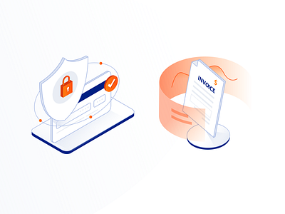 Agora Place - Isometric Illustrations blue card contact data icon illustration invoice isometric lock orange payment shield shop shopping