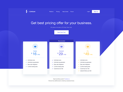 Limicon - Pricing - Full Page blue contact cta icon landing platform price pricing purchase purple ui web webdesign