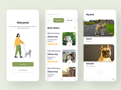 Pet care app animals cat dog figma minimal mobile mobile design pet pet care search app social social app uiux