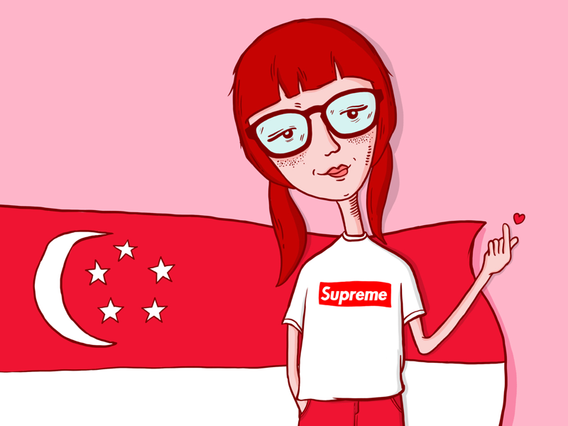 Hello Dribbble cute selfie girl love singapore flag minimal graphics design art drawing draw illustration