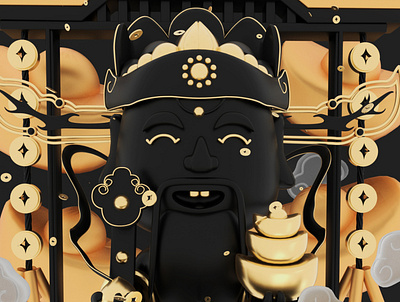 C4D (God of wealth cartoon modeling)🧧 black gold branding c4d color concept illustration ui 品牌 设计