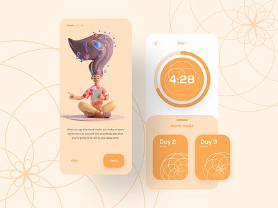 Monk Meditation | App UIUX 3d 3dillustration adobe xd adobexd app app design app ui app ui design app ui kit app ui ux app uiux appui dailyui illustration meditation orange ui design uidesign uiux vector