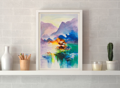 Mountain hut art art for home art for you brush strokes contemporary art houses huts illustration living mountain nature painting reflection wall art water watercolour