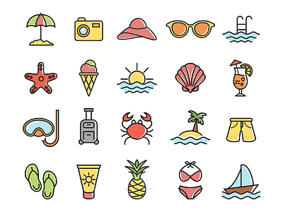 Summer, travel, holiday and beach icons set app art branding design flat icon identity illustration illustrator lettering logo minimal summer summer party summmertime travel typography ui ux vector