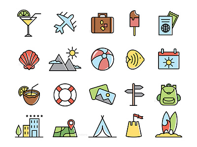 Summer, travel, holiday and beach icons set