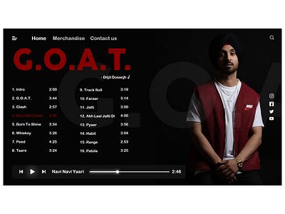 G.O.A.T. - Diljit Dosanjh || Landing Page UI design || branding dailyui dark app dark mode dark ui design minimal minimalist music music album music app music player musician punjabi song uidesign uiux webdesign website website design