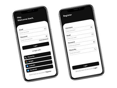 Login & Register screens. dark app dark mode dark ui design light mode light theme login login design login page login screen minimal register register page sign in sign up signup ui uiux ux