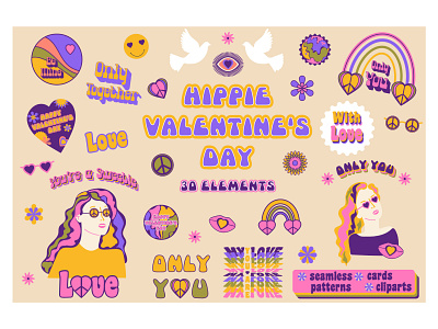 Hippie Valentine's Day cliparts elements graphic design hippie valentines day woman