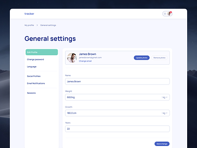 General setting page creative design details profile forms general health health fitness hiking interface management minimal navigation personal area profile service setting slidebar sports ui uxui