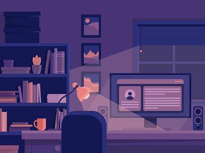 An Illustrator's Desk At Night dark dark mode flat design home office home office at night illustration illustrator minimal colour pallette minimal design minimalist night office illustration purples vector art