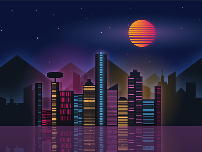 Synthwave Cityscape 80s 90s bright city citybynight cityscape cyberpunk illustration illustrator moon night nightscape outrun retro retrofuturism retrofuturistic retrowave synthwave vectorart vectorillustration
