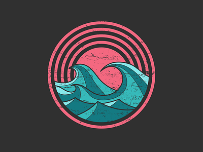 Choppy Waves & Sunset badge circular distressed emblem geometric logo minimal nature ocean pink retro retrowave rough salmon simple surf teal vintage waves