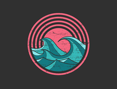 Choppy Waves & Sunset badge circular distressed emblem geometric logo minimal nature ocean pink retro retrowave rough salmon simple surf teal vintage waves