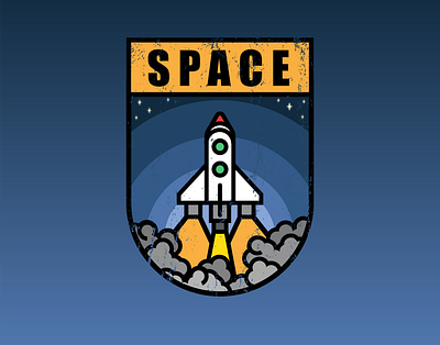 Retro Space Exploration Patch badge emblem design inspired minimalist old school patch playful retro rocket ship simple space exploration spaceship take off thick lines vector art vintage