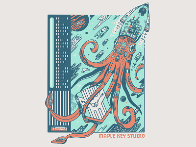 Squid Ship Maple Key Studio Self-Promo Shirt illustration planet promotional design sci fi screen print space spaceship squid vector weird