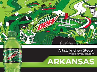 Limited Edition Arkansas Mountain Dew Label animal arkansas arkansas river art bottle label canoe cheese dip diamond graphic design hawksbill crag hogs hot springs illustration limited edition packaging pinnacle mountain soda summer the natural state vector