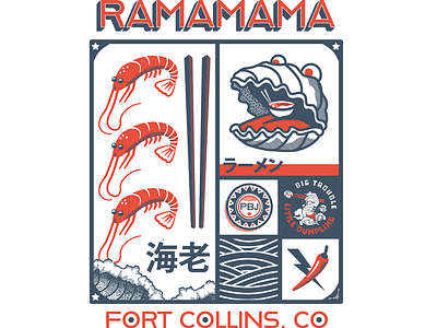 Ramamama Ramen Pop-up T-shirt Design 2 color fort collins illustration ocean oyster pop up prawns ramen seafood tshirt vector