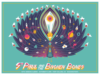 Space Peacock for St. Paul and the Broken Bones alabama colorado concert poster crown crystal design fort collins galaxy graphic design illustration king peacock planets psychadelic rocket screenprint space surreal typography vector