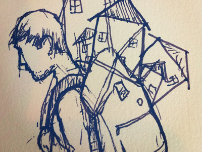 Sketch backpack guy houses pen sketch