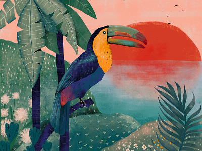 Tropical paradise bird design fauna flora green illustration nature palm parrot plants red sunset tropical