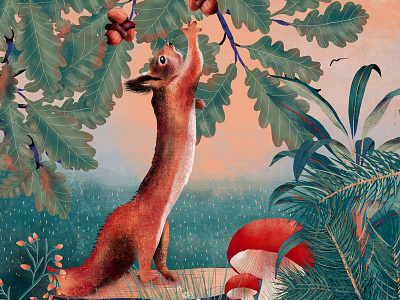 Squirrel design fauna flora green illustration mushroom nature nuts plants red squirrel sunset