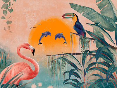 Secret oasis design dolphin fauna flamingo flora green illustration nature oasis orange plants red sunset