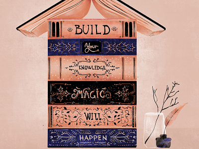 Build yourself books design illustration ink knowledge magic rose