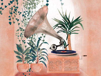 Enchanted design gramophone illustration music plants rose