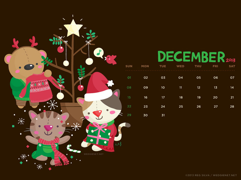 FINAL: December 2013 wallpaper christmas holiday winter illustration cat gato neko red green december calendar bear