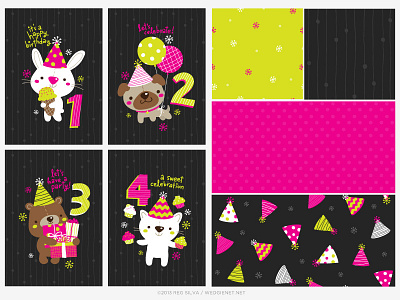 Neon birthday - WIP 2 bear birthday black card cat greeting illustration kids lime neon pink yellow