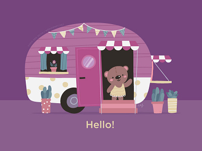 My new vintage camper - WIP 2 bear camper camping cute illustration kids purple succulent trailer vector vintage violet