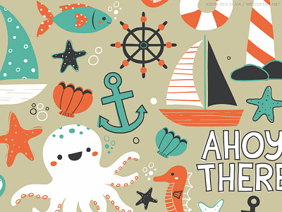 Ahoy There anchor cute fish illustration kawaii marine nautical octopus orange sea star teal