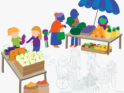 WIP: market scene editorial educational fruits grocery human market people secondary vegetables