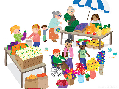 FINAL: Market scene children educational flowers fruits human kids market people secondary vegetables