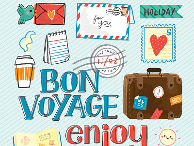 A set of travel icons bon voyage doodle drawing handdrawn icon illustration mail postage suitcase travel vacation vector