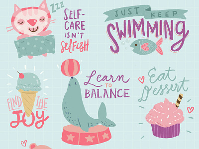 Self-Care Sundays calligraphy cat character design cupcake cute food ice cream illustration kawaii kids kitty lettering mint pastel pink procreate seal self care sticker teal