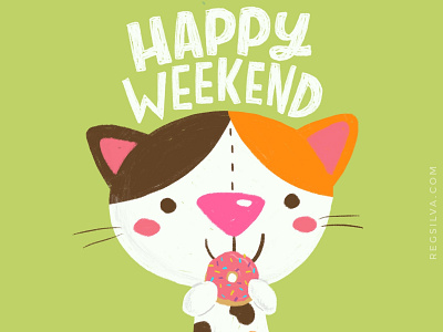 Happy Weekend Donut cartoon cat character character design comic cute design donut doodle drawing food green illustration kawaii kids kitty lettering procreate sketch sweet