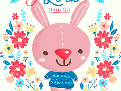 Happy bunny bible blue bunny character design christmas cute drawing floral flower holiday illustration kawaii kids procreate rabbit red sweater yellow