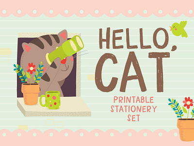 Hello, Cat cartoon cat character character design cute design drawing graphic graphic design illustration kawaii kids kitten kitty lettering print printable printed stationery template