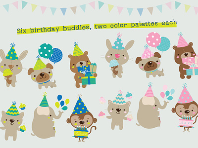 Birthday Buddies balloon bear birthday cat character character design cute elephant graphics illustration kawaii kids monkey party pug vector