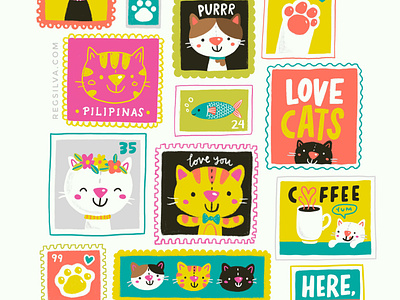 Cat stamps! cat character character design cute drawing illustration kawaii kids lettering mail post procreate stamp sticker vector