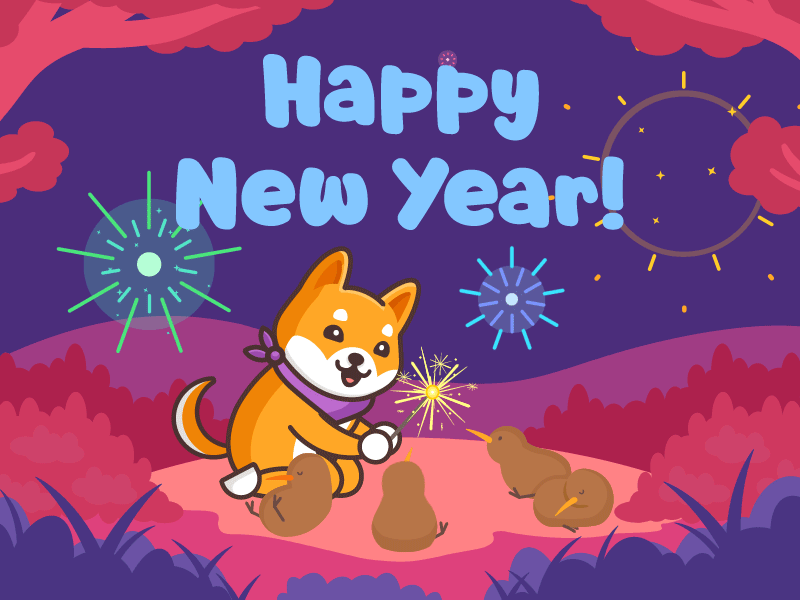 Happy New Year from Kami animated gif animation dog fireworks flat design happy new year illustration kami kiwi kiwi bird motion graphics new year vector art vector illustrator