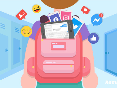 Benefits of Social Media in Schools backpack emojis facebook flat design illustration instagram kami like button school social media twitter vector art vector illustration