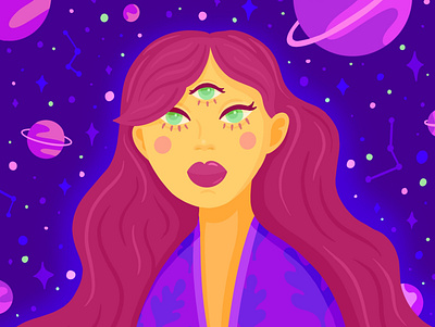 Three-Eyed Space Babe ✨🪐💜👁💙🪐✨ alien alien girl face flat design girl illustration planets pretty space stars third eye vector art woman