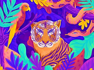 Forest Friends 🌿🦜🐅🐍🌿 animals bird bright colorful colourful forest hand drawn illustration ipad jungle leaves parrot plants procreate psychadelic snake texture tiger trees vivid