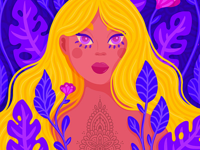 Facetober Day 1: Jungle, Wavy Hair, Tattoo charly clements drawing challenge face facetober flat design girl henna henna illustration henna tattoo illustration jungle leaves plants portrait pretty procreate prompt tattoo wavy hair woman