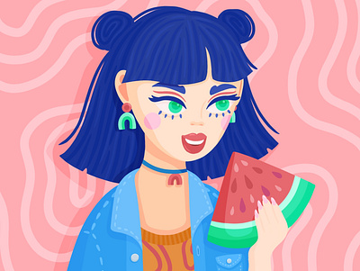 Facetober Day 3: Food, Straight Hair, Denim Jacket 🍉 blue hair character charly clements cute day 12 denim jacket earrings face facetober fashion flat design food girl hand drawn illustration ipad portrait procreate straight hair watermelon