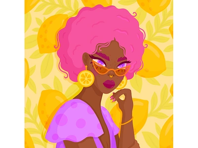 Facetober Day 12: Lemons, Afro, Funky Earrings 🍋 afro black girl brown girl charly clements earrings facetober fashion flat design funky earrings girl hand drawn illustration ipad lemon lemons pink afro pink hair portrait procreate sunglasses